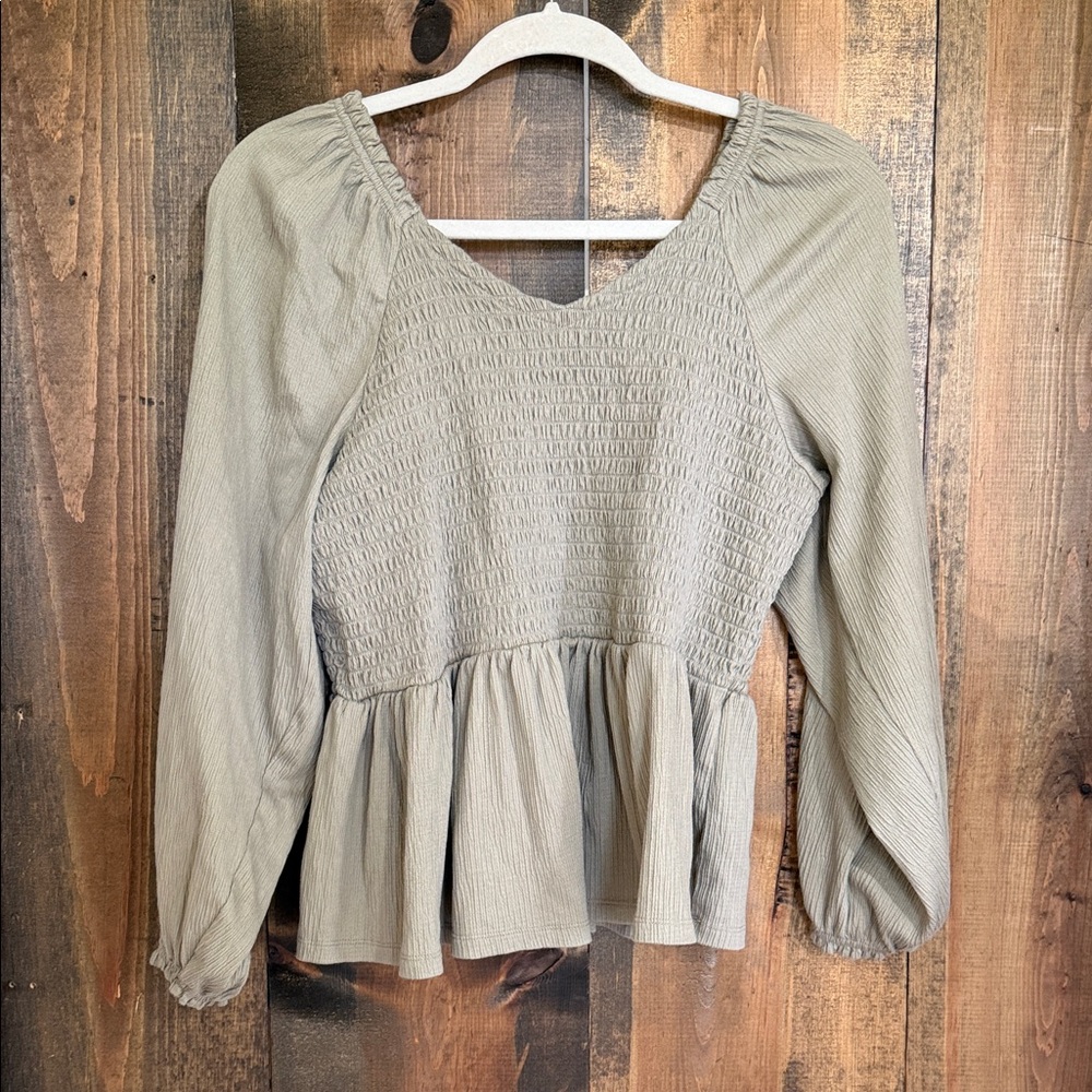 Smocked Peplum Long-Sleeve Top - Sage